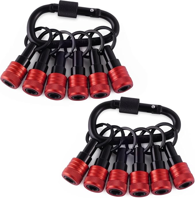 Katerk Bit Holder Keychain 12 Pcs, 1/4-Inch Hex Shank, Quick Release, Red | Aluminum Alloy, Impact Drivers, Drill Bits, Tool Belt Use, Carabiner Clip, One-Handed Operation, Ball Lock, Compact Organizer