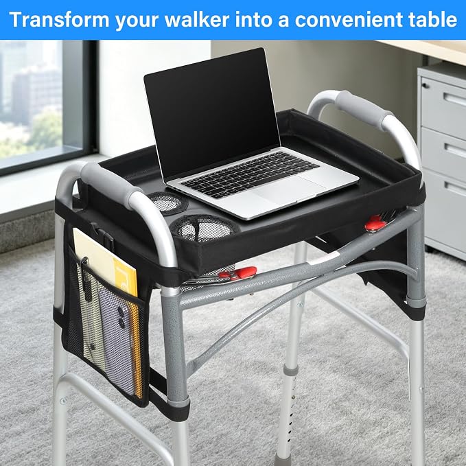 Detachable Walker Tray with Cup Holder & Side Pockets, Non-Slip Universal Table Accessory for Folding Rolling Walkers Seniors