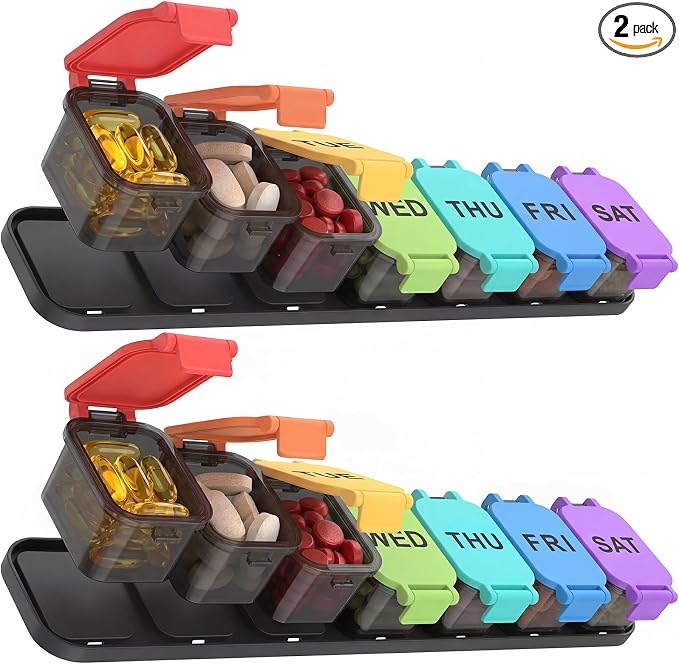 Yaklim Extra Large Weekly Pill Organizer - Waterproof 7-Day Pill Box, Portable Vitamin & Supplement Case, Easy to Open Design, Ideal for Travel and Daily Medication Management (Rainbow, 2 Packs)