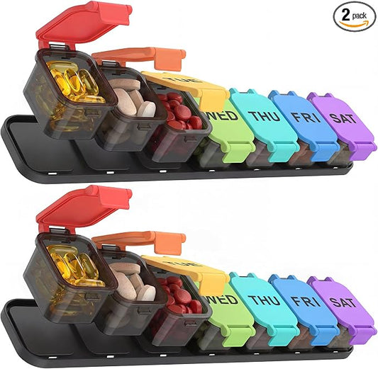 Yaklim Extra Large Weekly Pill Organizer - Waterproof 7-Day Pill Box, Portable Vitamin & Supplement Case, Easy to Open Design, Ideal for Travel and Daily Medication Management (Rainbow, 2 Packs)
