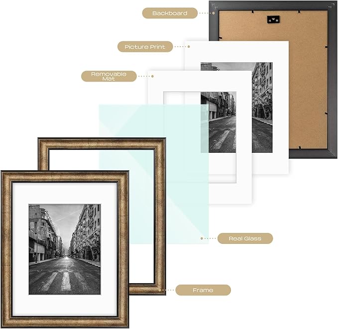 Golden State Art, 11x14 Photo Frame with Mat for Pictures 8x10 and Real Glass (Dark Gold Brown & Bronze Pewter Panel with White Color Mat, 1.25 Inch Frame Border)