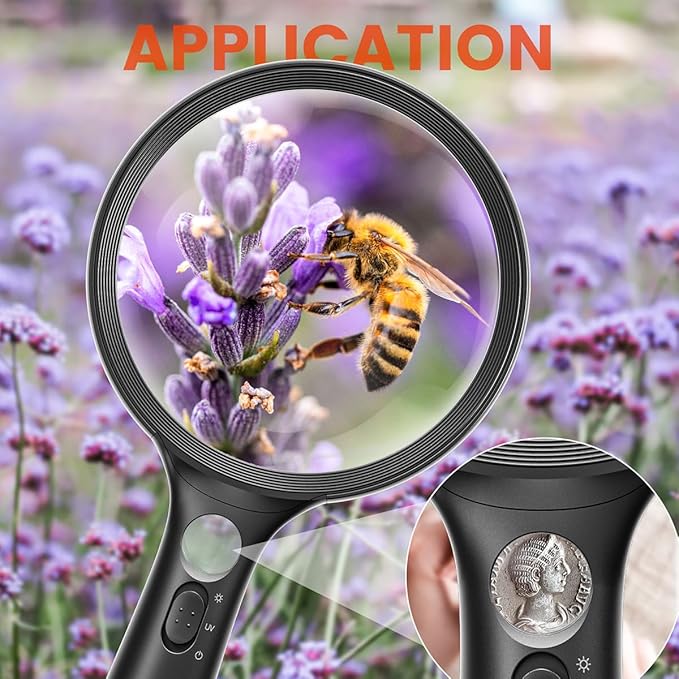 Magnifying Glass with Light Large 24 LED, Handheld Illuminated Lighted Magnifier 1UV Light for Seniors, Close Work, Reading, Coins, Jewelry