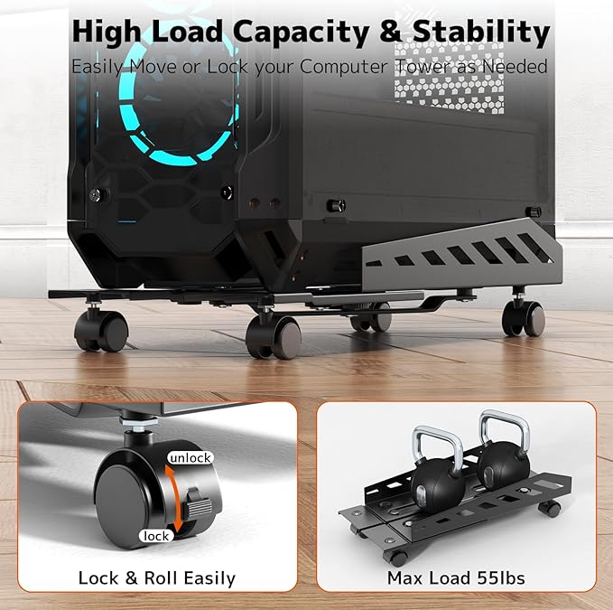 PUTORSEN Computer Tower Stand - Under Desk PC Stand for Floor with Rolling Caster Wheels, Adjustable CPU Tower Holder Fits Most PC Tower