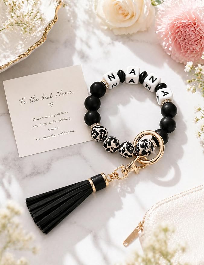 BAOSIWA Silicone Beaded Bracelet Keychain Wristlet Key Ring Bangle Chains for Women with Leather Tassel