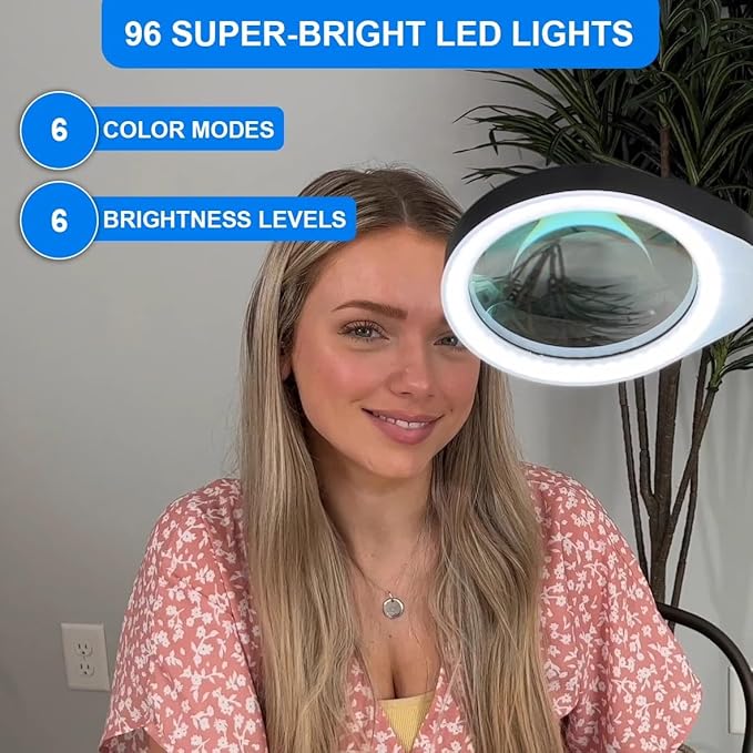 YOCTOSUN 10X Magnifying Glass Lamp with 6 Color Modes Stepless Dimmable, 96 LEDs and 5" Real Glass Lens, Adjustable Swivel Arm Desk Magnifier with Light and Stand for Crafts Hobby Close Work