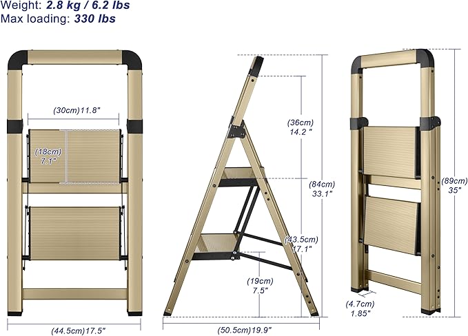 Step Ladders Folding 2-Step Champagne Gold Finish Aluminum Foldable Step Stool,Anti-Slip Portable Sturdy for Home & Kitchen Office 330 lbs