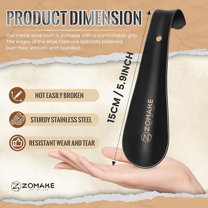 ZOMAKE Metal Shoe Horn, Small Travel Shoehorn for Men Women Kids, 5.9''/7.3''/7.5'' Portable Shoe Spoon Helper