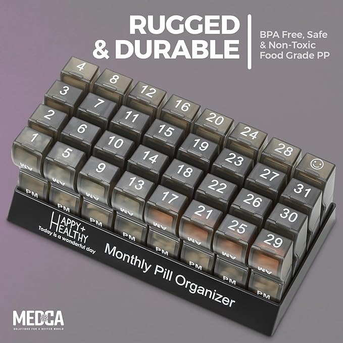 Monthly Pill Organizer - Am/Pm Daily Pill Organizer 32 Compartments for Each Day, Pill Dispenser and Dispenser Caddy That Helps You Organize Your Life, Perfect for Supplements and Medication, Black