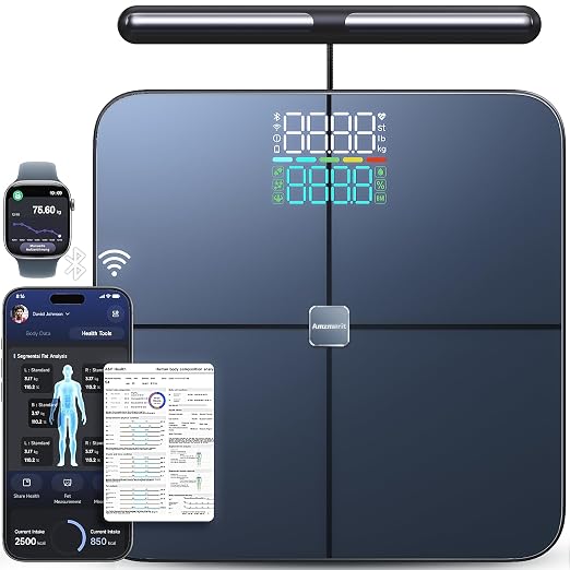 Smart Scale for Body Weight, 8-Electrode Larger Platform Digital Scale for Weight Fat BMI 50 Body Composition Measurement, Bluetooth & Wi-Fi Digital Bathroom Scale, Rechargeable, Dark Blue