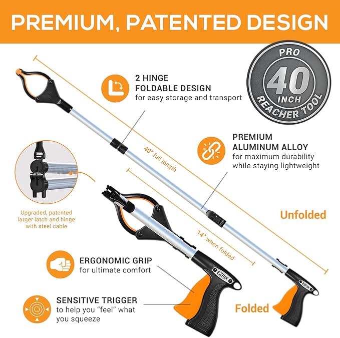 Ezpik 40" Long Extended Grabber Reacher Tool for Elderly - Trash Hand Grabber Pickup Sticks for Seniors - Telescoping Extension Grabber Claw Pickup Tool - Hand Extension Magnetic Folding Grabber 2pack