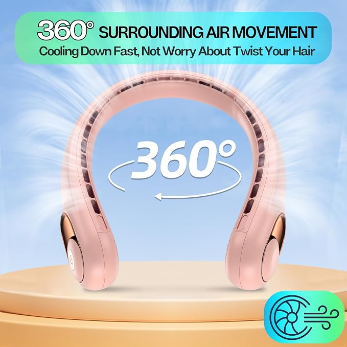 KIDEE Portable Neck Fan, 4000mAh Rechargeable, 360° Airflow, Hands Free Bladeless Wearable Fan, 2 Pack, Pink