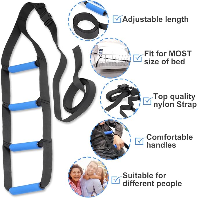 Bed Ladder Assist,Pull up Helper and Sit up Helper 4 Handle Grips,Bed Rail Assistance Devices Adjustable Length Bed Lift for Most Beds Mobility Aid for Elderly, Handicapped,Injured (95 INCHES)