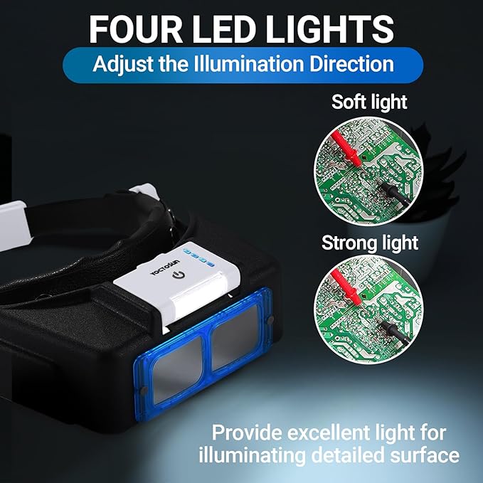 YOCTOSUN Magnifying Glasses with Light for Close Work, Rechargeable Headband Magnifier with 4 Lenses 1.5X-3.5X, Hands Free Head Magnifying Visor for Hobby, Jewelers, Reading, Crafts