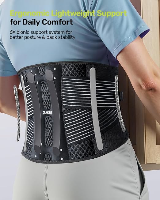Rakiie Slim Back Brace for Lower Back Pain Relief, Lightweight & Breathable Back Support Brace for Men Women, Ergonomic Light Lumbar Support for Everyday Wear, Light Gray S