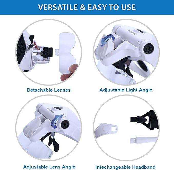 YOCTOSUN Magnifying Glasses with Light, Head Mount Magnifier with 5 Lenses, Headband, Storage Case, Hands Free LED Lighted Head Magnifying Visor for Close Work Hobby Crafts