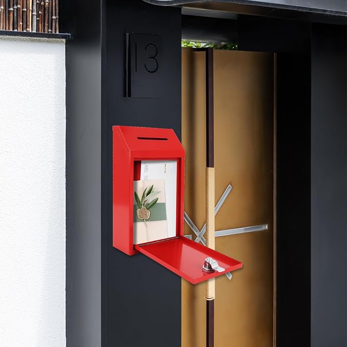 Metal Donation Box with Lock Ballot Box Drop Box with Lock Suggestion Box with Slot and Locks Metal Locks Box Comment Box Voting Box Key Drop Box for Home Office(Red,10.24 x 5.71 x 2.95 Inch)