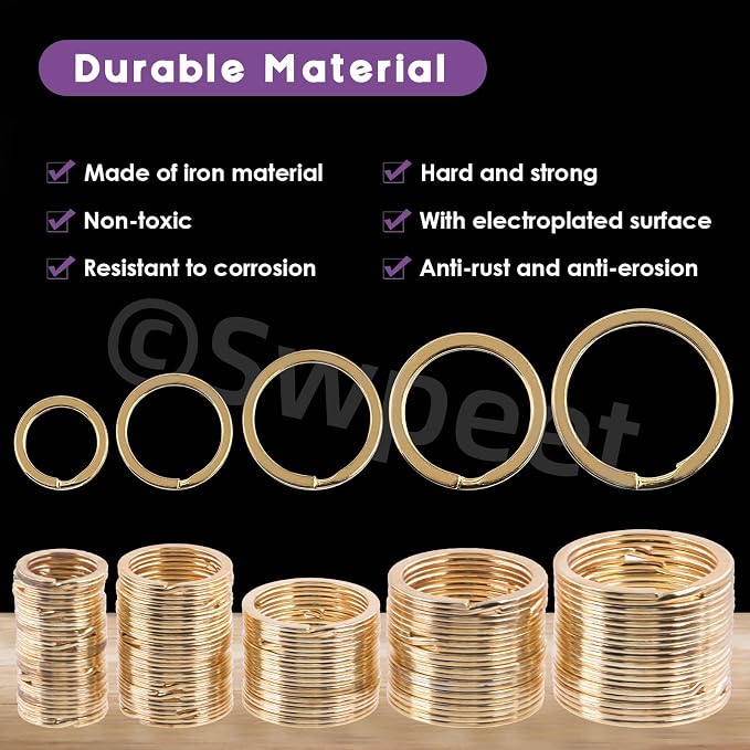 Swpeet 60 Pcs Gold Assorted Multi-Purpose Metal Keychain Rings Split Keyrings Flat O Ring for Home Car Keys Attachments Keys Pendants - 20mm, 25mm, 30mm, 35 mm, 38 mm