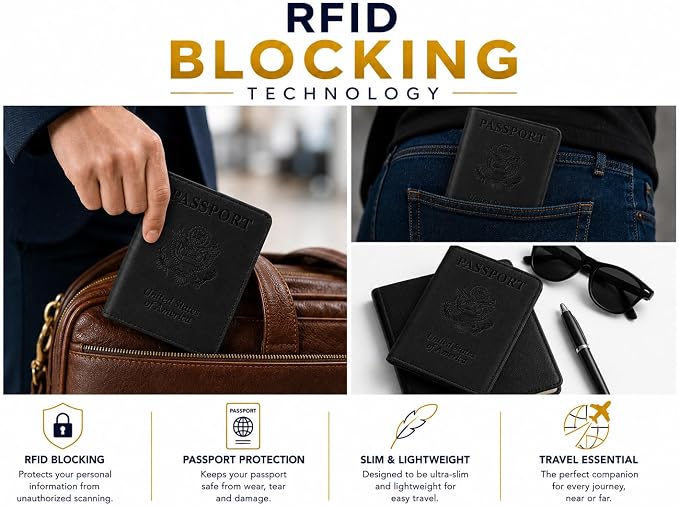 Ciana Passport Holder for Travel – PU Leather Passport Cover and Card Holder for Men & Women – Slim Passport Holder with Card Protector Slot, Travel Must Haves (Black)