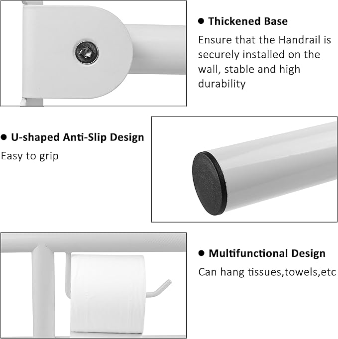 Handicap Grab Bar, 23.6 Inch Stainless Steel Toilet Safety Rails, White Disabled Flip-Up Bathroom Grab Bars with Paper Holder, Anti-Slip Toilet Handrails Hand Grips Grab Bars for Elderly