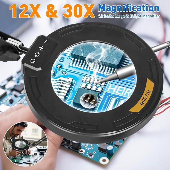 Ultra Long 3-Section Swing Arm 12X 30X Magnifying Glass with Light | 4-Way Large Metal Clamp, 5 Color Modes LEDs, 35.2Inch Lighted Magnifier Lamp for Workbench Crafting Hobby Soldering Reading