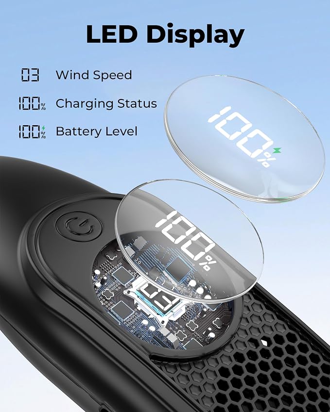 GOTOTO Portable Neck Fans that Blow Cold Air, Wearable Bladeless Neck Fan | Rechargeable 360° Personal Fan Neck Cooler, 3-Speed, LED Display, 4000mAh, Type C, Travel, Outdoor, Birthday Gift, Black
