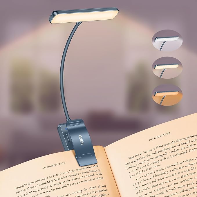 Gritin 19 LED Rechargeable Book Light for Reading in Bed | Eye Caring 3 Color Temps,Stepless Dimming Brightness,Memory Function,90 Hrs Runtime Lightweight Clip on Light-Pacific Blue
