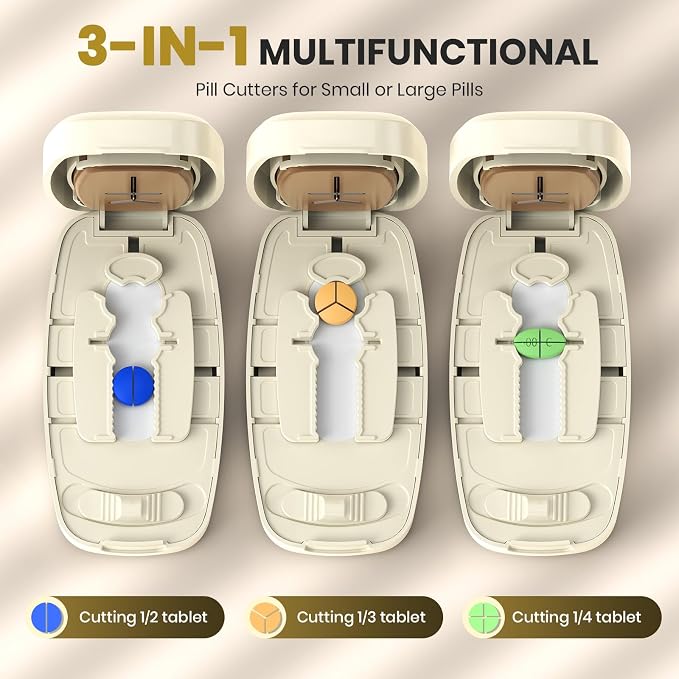Pill Cutter Splitter for Small and Tiny Pills, Anti-Slip Silicone Pad Holds Pills Steady, Adjustable Pill Cutter for Accurate 1/2 1/3 1/4 Cutting, Sharp Stainless Steel Blade with Safety Guard