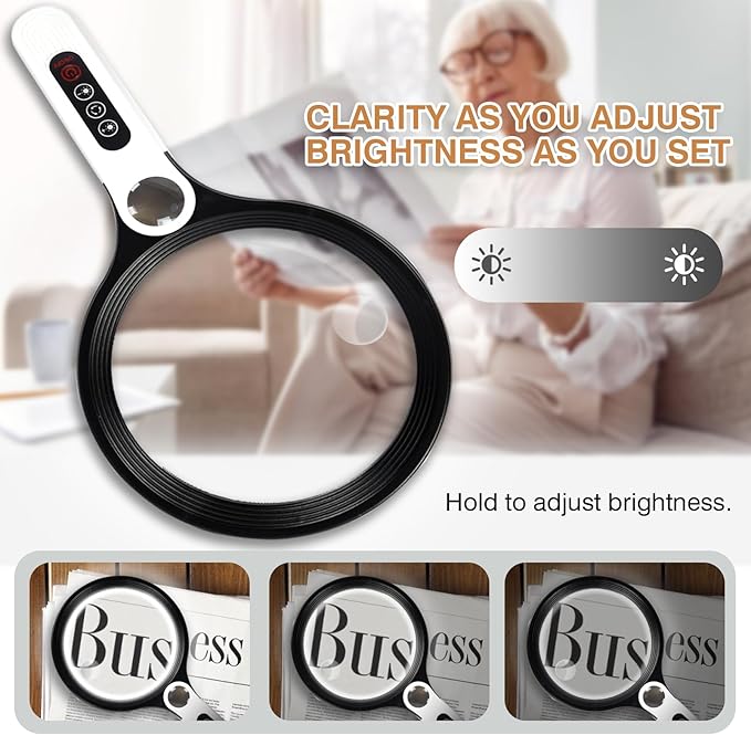 Large Magnifying Glass with Light, Ebbnivs Handheld Magnifying Glasses Magnifier with 5 Light Modes & 10 Level Brightness Gift for Elderly Reading Close Work Hobby