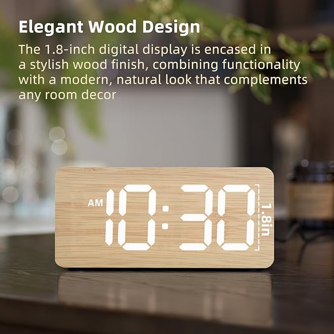 uscce Wooden Digital Alarm Clocks for Bedrooms with 0-100% Dimmable Display | Desk Clock with Large Numbers for Living Room - Loud Dual Alarm for Heavy Sleepers with Volume Control - Wood Decor & Gifts
