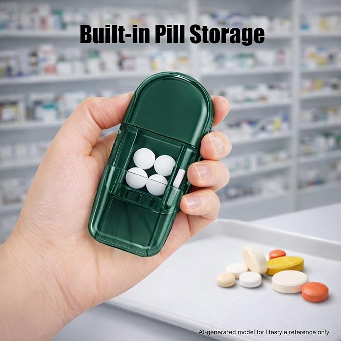Small Pill Cutter, Tablet Splitter for Tiny and Large Pills, Portable Pill Press and Divider for Vitamins, Travel Organizer with Safety Blade Guard– Green