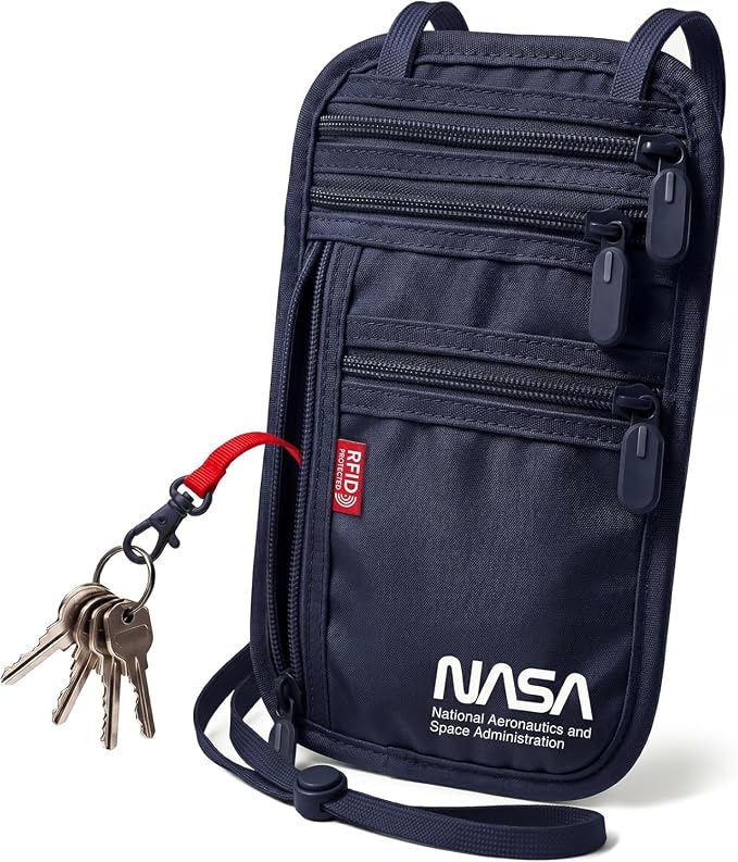 NASA Neck Wallet with RFID-Secured Passport Protection (Lunar Blue) | Slimline Design | Official NASA Insignia | RFID Protection | Key Carabiner | Water-Resistant | Breathable Mesh
