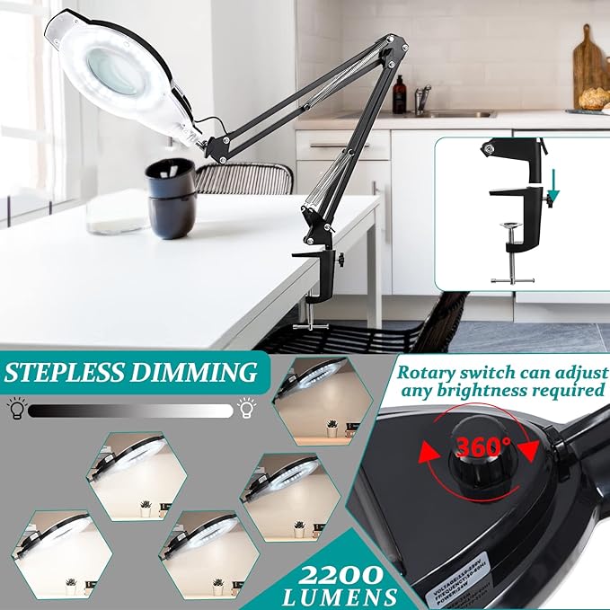 10X Magnifying Glass with Light and Stand, NUEYiO 2200 Lumens Stepless Dimmable LED Magnifying Lamp, 4.2" Real Glass Lens, Adjustable Swing Arm Lighted Magnifier Lamp for Repair, Crafts, Workbench