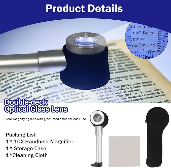 Rongon Jewelers Loupe Magnifiers 10X Magnifying Glass with Light Magnifying Lens with Light Scale and Measure Scale for Jewelry, Seniors Read, Map, Stamps, Macular Degeneration, Inspection