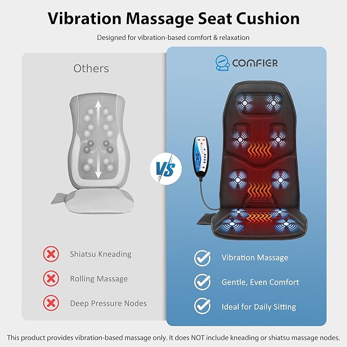 COMFIER Vibration Back Massager Seat Cushion with Heat,10 Motors Massage Chair Pad,Chair Massager for Pain Relief at Office/Home,Valentine’s Day Gifts for Her Him