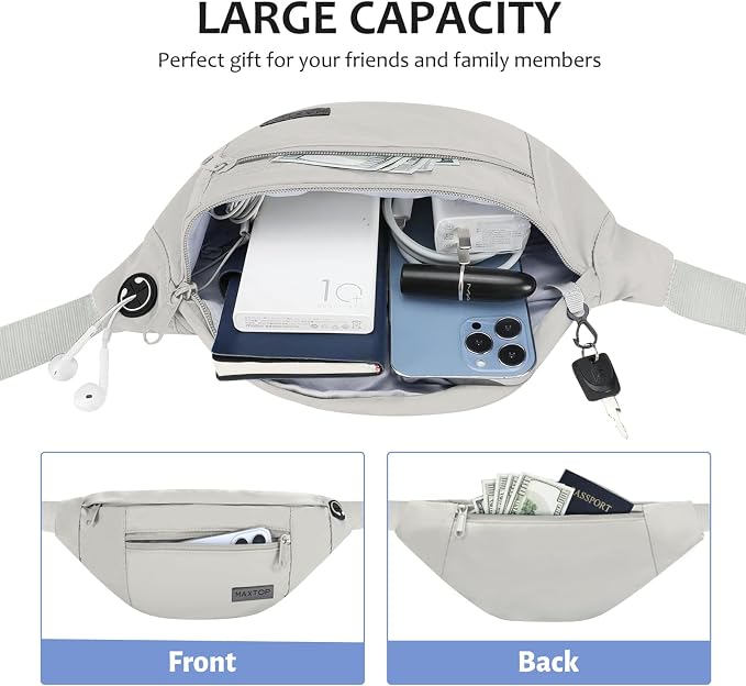 MAXTOP Large Grey Fanny Pack Crossbody Bags for Women Men Fashion Waist Bag | Nylon,Fit All Phones,Key Chain,Hands-Free,Gifts for Enjoy Sports Yoga Running Workout Walking Casual Travel