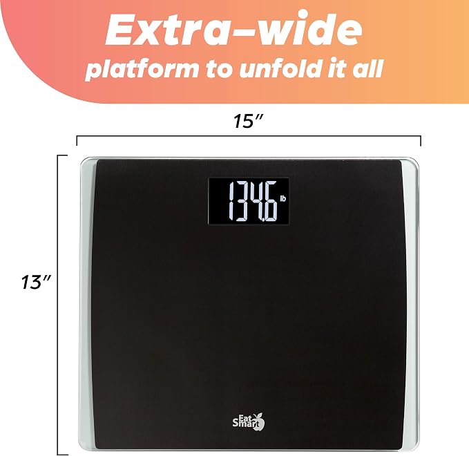 EatSmart Digital Bathroom Scale for Body Weight, 550 lb Capacity, Extra-Wide Glass Platform with Black Stainless Steel, Large Backlit LCD Display, Step-On Technology