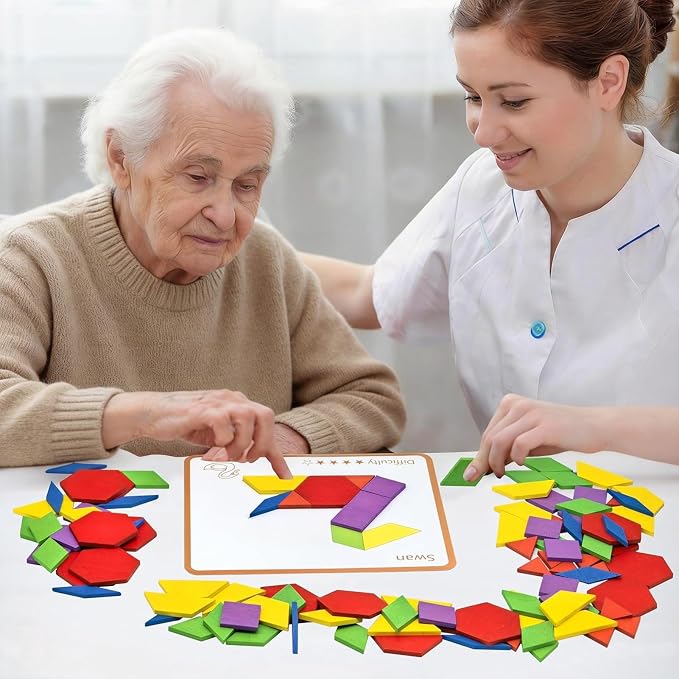 Activities for Dementia Patients 155 Pcs Wooden Tangrams Puzzle for Seniors with Alzheimer's Memory Board for Dementia Elderly Tile Memory Cognitive Gift Dementia Must Haves