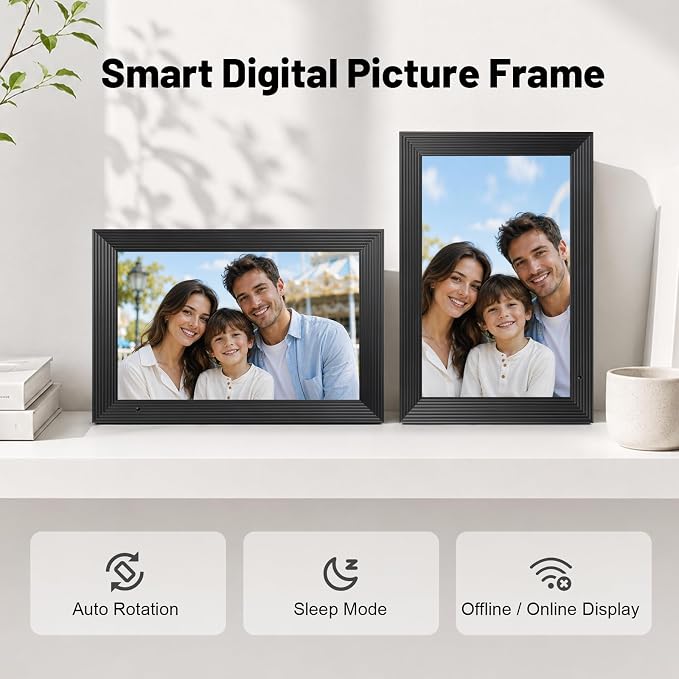 AEEZO Digital Picture Frame, 10.1'' WiFi Electronic Photo Frames with 32GB Memory, 1280 * 800 IPS HD Touch Screen, Auto-Rotate Easy Setup via AiMOR APP, Gifts for Parents and Grandparents Black