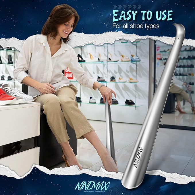 NINEMAX Shoe Horn Long Handle for Seniors Men Women, Metal Long Shoehorn Boot Horn Stainless Steel Shoe Spoon Helper 16.5''(Pack of 2)