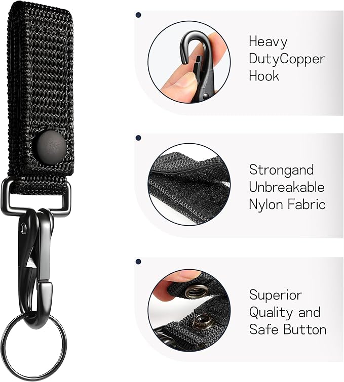 2-Pack Heavy Duty Belt Keeper Clip Key Holder with Metal Key Fob, Nylon MOLLE Strap, Key Ring