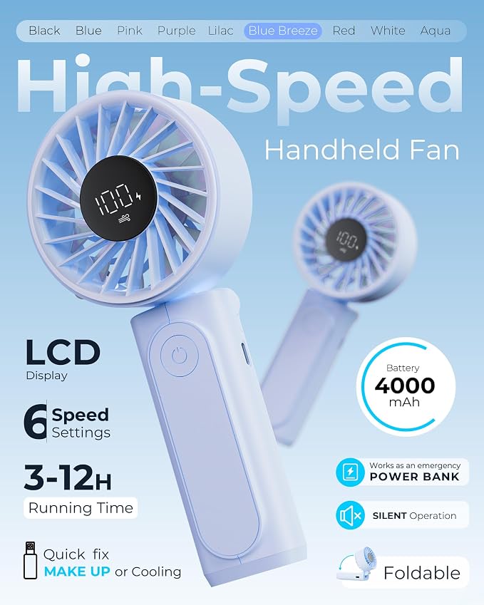 Peiyuu Portable Fan, 4000mAh Rechargeable, 180° Foldable Mini Desk Fan with 6 Wind Speed, LCD Digital Display, Lanyard as Neck Fan, Ultra Quiet, Pocket Size for Indoor Outdoor