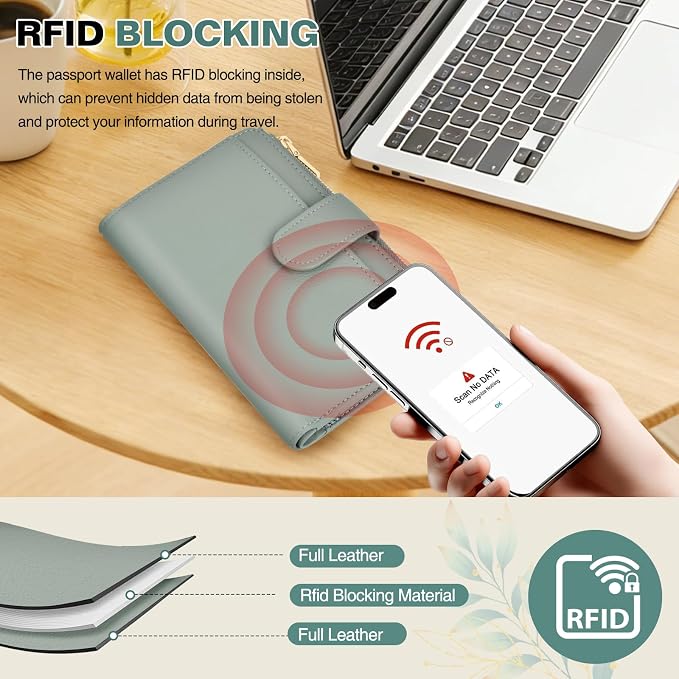 RFID Passport Holder for Travel, Leather Passport Wallet Cover with Airtag | with Airtag Slot, Card Cash Holders, Zippered Coins Pocket, for Women/Men, Gift Box, Travel Essentials, 4.1"L x 1"W x 6.3"H