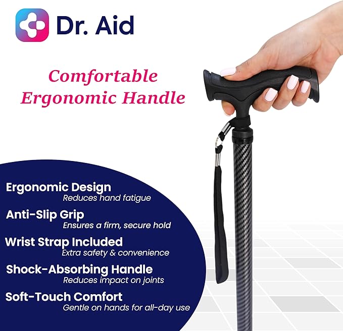 Dr. Aid Tripod and fourpod Walking Cane for Men & Women Premium Carbon Fiber Black Cane Adjustable Heavy-Duty 3 or 4-pronged Walking Stick for Seniors, Supports 400 lbs