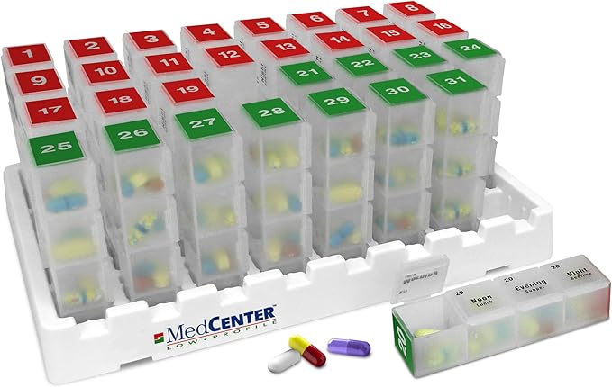 MedCenter Monthly Pill Organizer 4 Times a Day, 31-Day HSA/FSA Medication Organizer for Drawer or Lock Box with 31 Pill Boxes and 4 Daily Compartments Gift for Mom, Dad, Elderly, and Seniors