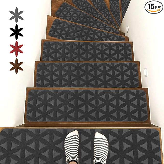 RIOLAND Non-Slip Carpet Stair Treads for Wooden Steps Indoor, 8" X 30", 15 Pack Peel and Stick Stair Treads Runners for Kids Elders and Pets, Gray