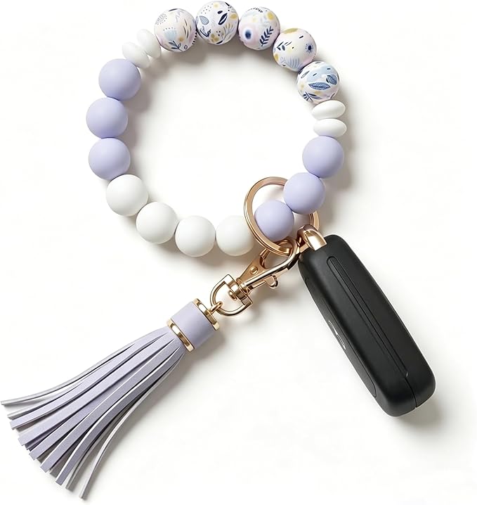 BIHRTC Key Ring Bracelet Car Keychain Holder Wristlet Silicone Women Beaded Bangle Chains