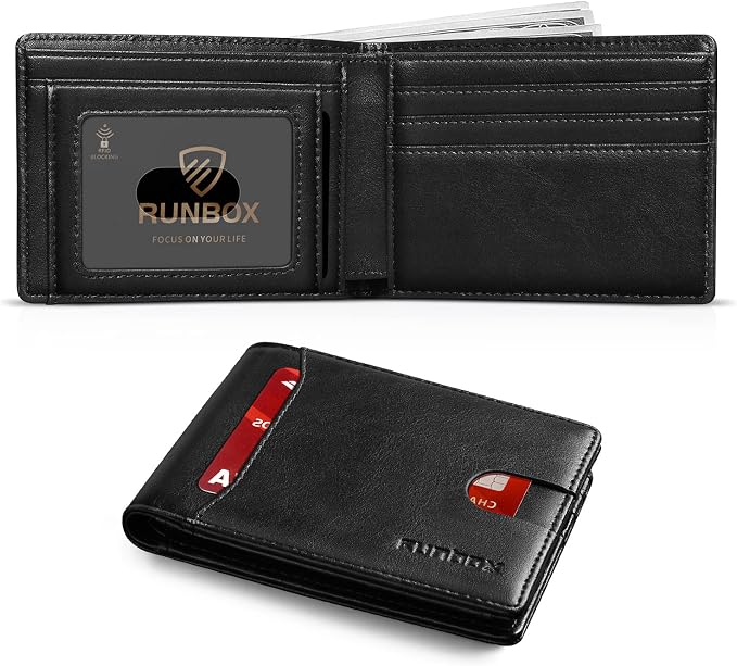 RUNBOX Wallet for Men, Slim Leather Bifold, RFID Blocking Card Holder | Minimalist Front Pocket Design, Credit Card Organizer, Holds 11 Cards, Large Capacity, Thin Profile, Birthday Gifts for Men