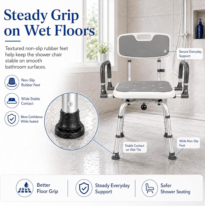 Deluxe Swivel Shower Chair with Arms & Back by CZMY, 360° Locking Seat, 5-Level Height Adjustable, Padded Heavy-Duty Bath Chair, 300 lbs, for Seniors, Elderly, & Disabled (Grey with Flip-Up Arms)