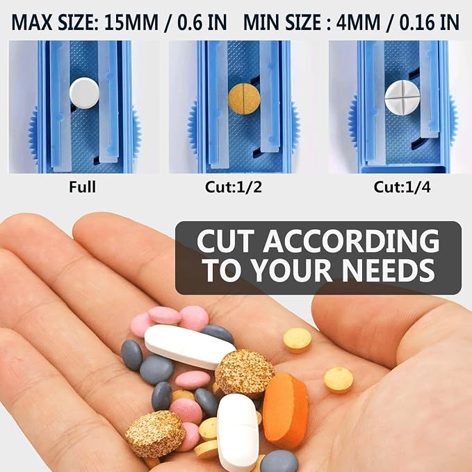 JohnBee Pill Cutter Splitter for Small and Tiny Pills. Adjustable Pill Splitter Accurately Cuts Multiple Pills at Once. Sharp Blade with Safety Guard. Non-Slip Silicone Edge (Dark Blue)