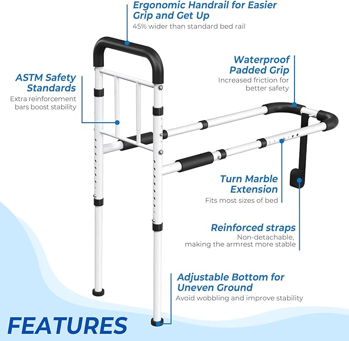 Bed Rails - ASTM Certified Adjustable Bed Cane with Motion Sensor Light, Non-Slip Ergonomic Handle & Storage Pocket, 350LBS Stable Bed Assist Rails for Seniors, Tool-Free, 2026 Upgrade